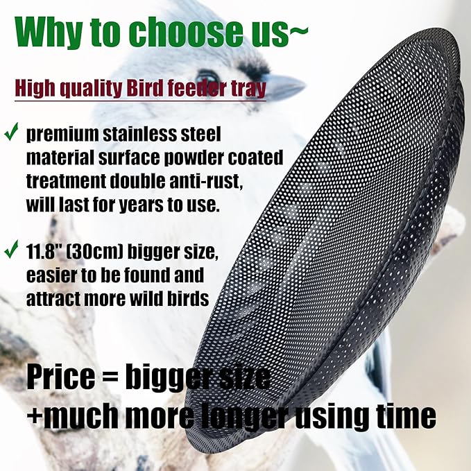 CQAIRIOU Upgraded Hanging Bird Feeder Tray,11.8” Stainless Steel Large Platform Metal Mesh Seed Tray for Backyard Garden Attracting Outside Wild Birds