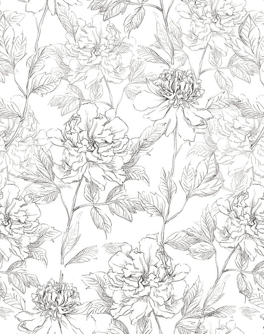 JiffDiff Black and White Floral Wallpaper 17.3" x 394" Peonies Removable Peel