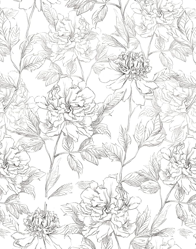 JiffDiff Black and White Floral Wallpaper Peonies Removable Peel and Stick