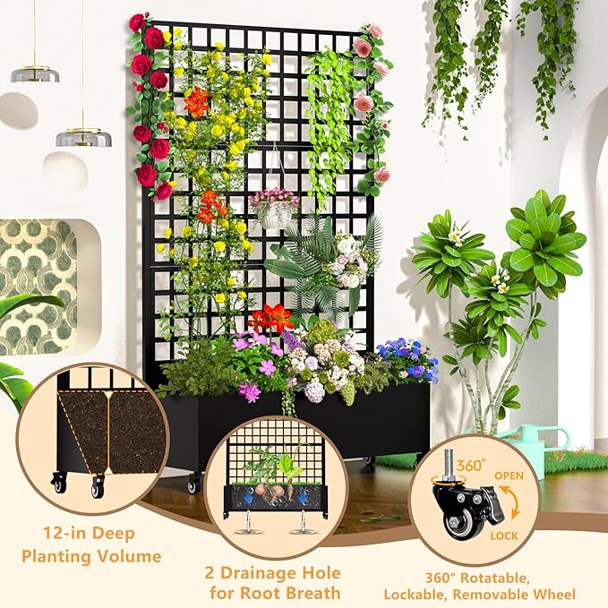 MTART Metal Planter Box with Trellis, 72.1"x47.2"x16" Galvanized Raised Garden