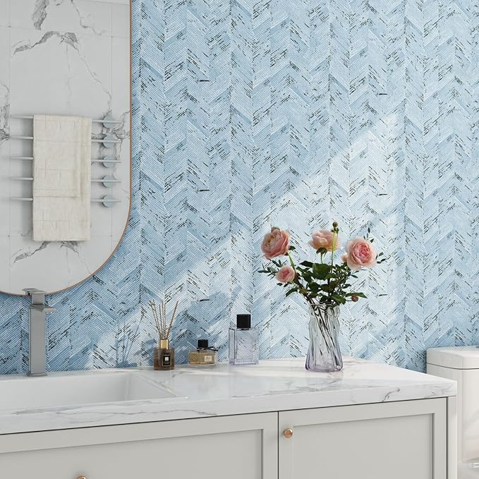 Livelynine Blue Fabric Wallpaper Peel and Stick Prepasted Herringbone Faux