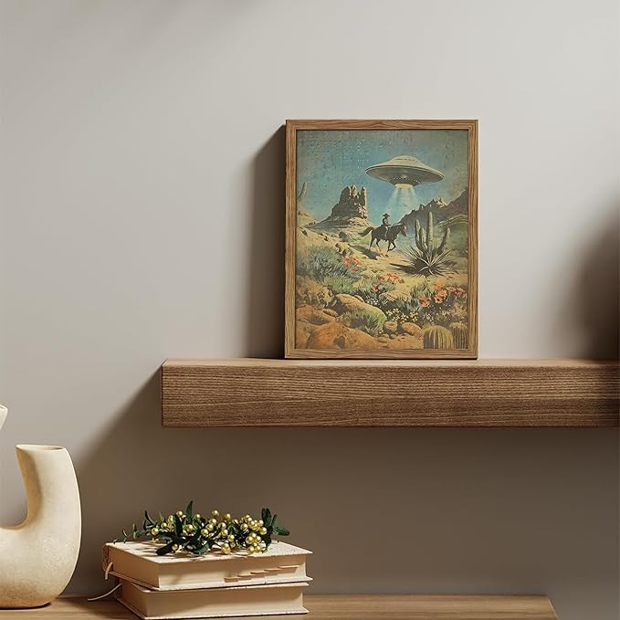 Framed Vintage Intergalactic Western Canvas Wall Art, Alien UFO Abducting Cowboy