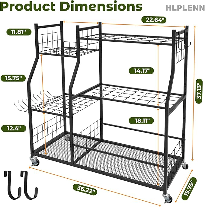 Large Garden Tool Organizer with Wheels, Yard Tool Organizer Stand for Long Handled Tools, Indoor/Outdoor Metal Yard Tool Storage Rack Cart for Garage, Shed, Garden