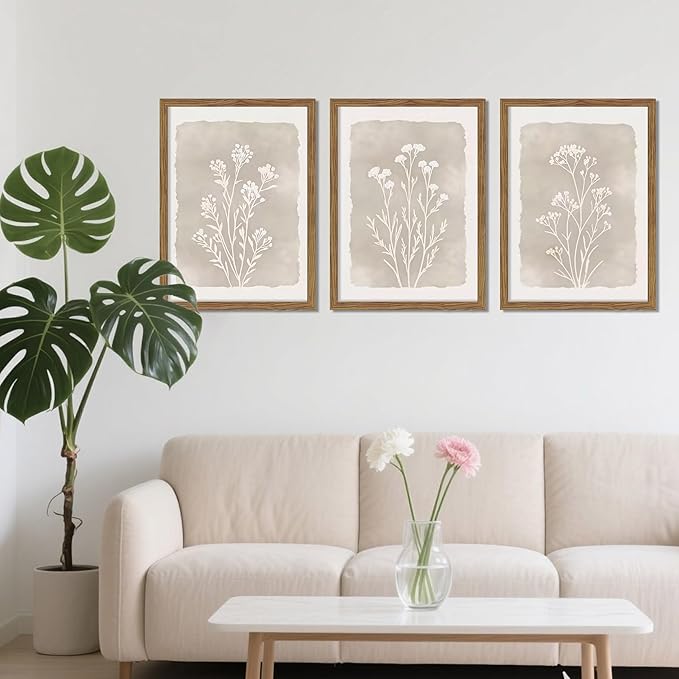 Framed Boho Botanical Flower Wall Art Set of 3, Vintage Minimalist Neutral