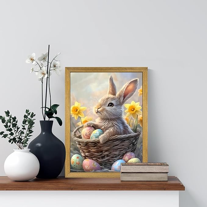 Easter Bunny Wall Art, Cute Rabbit Canvas Wall Decor Painting, Easter Eggs