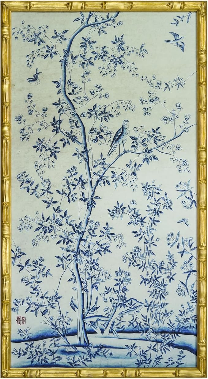 HongFengtang Chinese Rice Paper Print China Flower And Bird Bamboo Frame 19.5 X