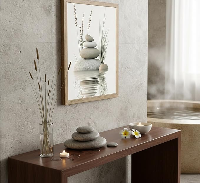 Wooden Frame Zen Stone Canvas Wall Art, Stacked Stones in Water Poster Print.