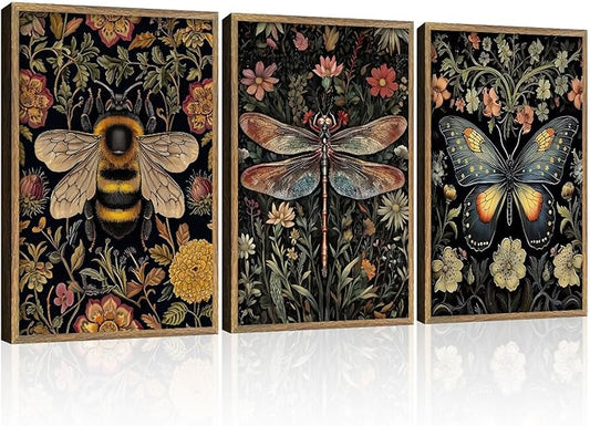 3 Pcs Framed Retro Insect Wall Art Decoration Paintings