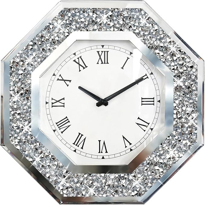 Wall Clock, Octagon Mirror Glass Clock, Cute Diamond 20-inch Non-Ticking Clock