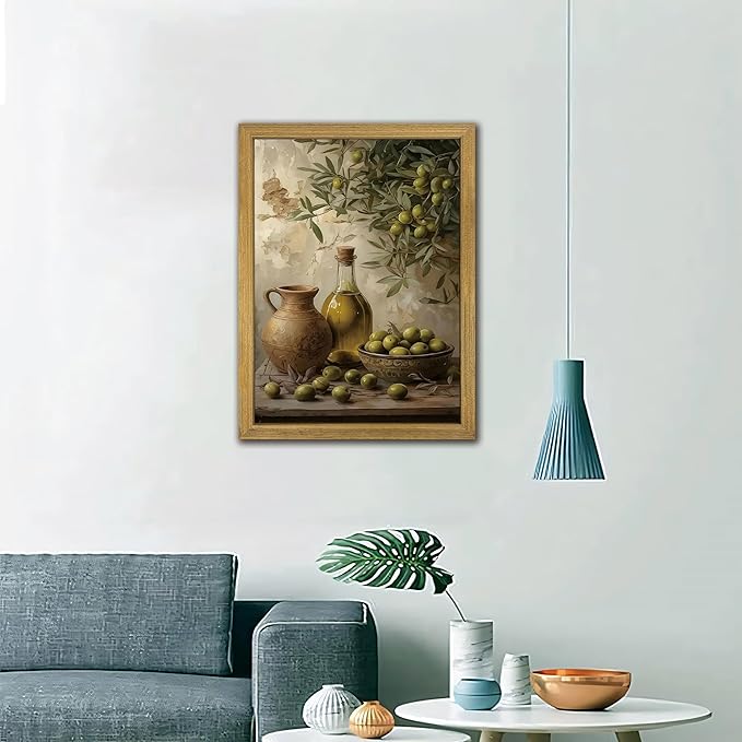 Wood Framed Olive Kitchen Wall Art, Vintage Rustic Still Life Canvas Print