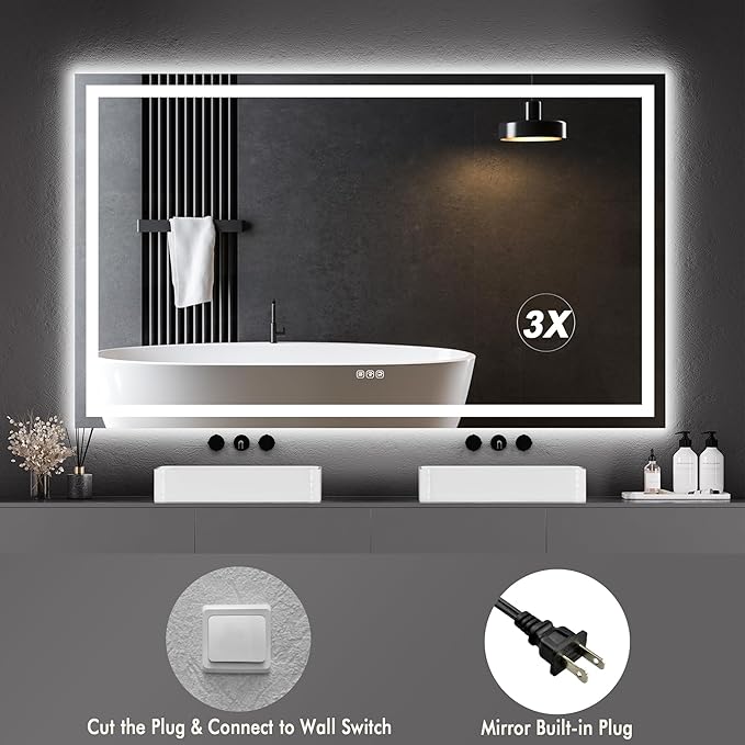 LED Bathroom Wall Mirror 60 x 36 Inch, Frameless Vanity Mirror