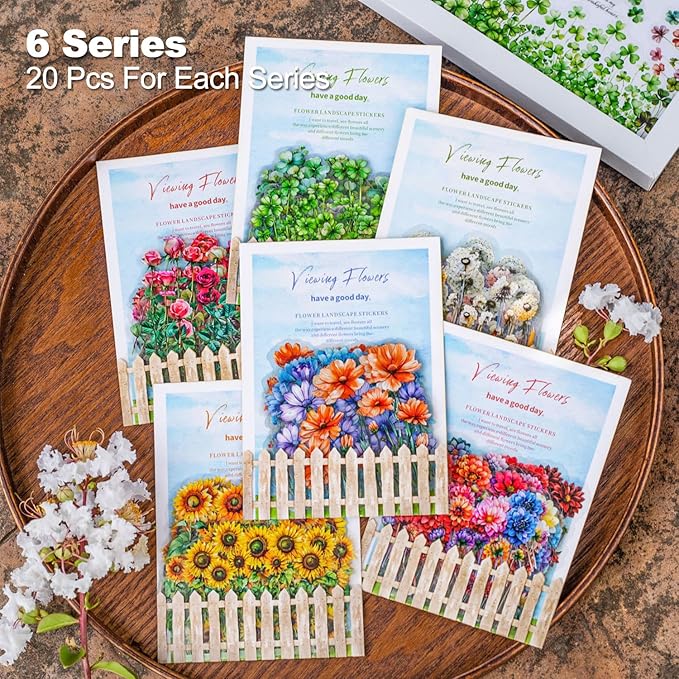 AurriiLeaf Viewing Flowers PET Sticker Set, 120PCS Floral Ephemera for Scrapbooking, Journaling, Crafting, DIY Projects, Diaries, and Art Supplies