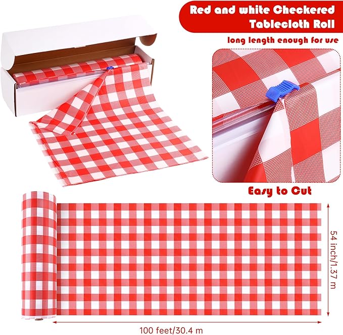 Kochorie 54 Inch x 100 Ft Red Checkered Plastic Table Cloth Roll Disposable
