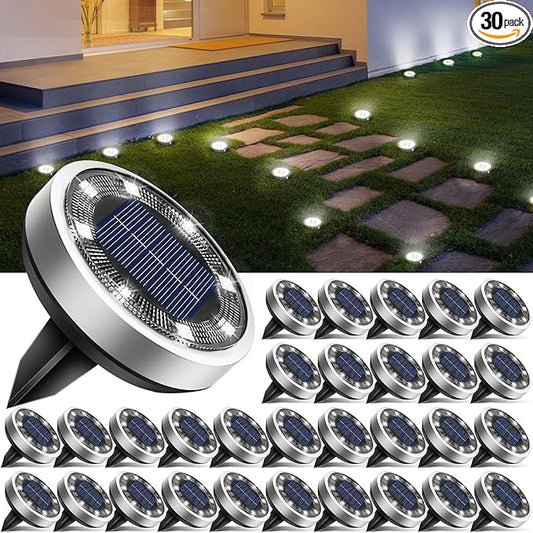 btfarm 30 Pack Solar Lights Outdoor, 8 LED Solar Ground Lights IP65 Waterproof Flat Solar Disc Light, Pathway Lights for Garden Lawn Patio Yard Path Landscape, Cool White