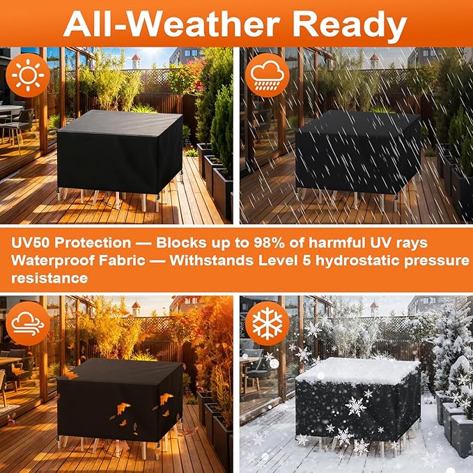 Patio Furniture Cover Rectangle 108"(L) x 60"(W) x 30"(H), Custom Heavy Duty 420D Waterproof Outdoor Cover with Drawstring & Buckles for Table Chair Garden, Black