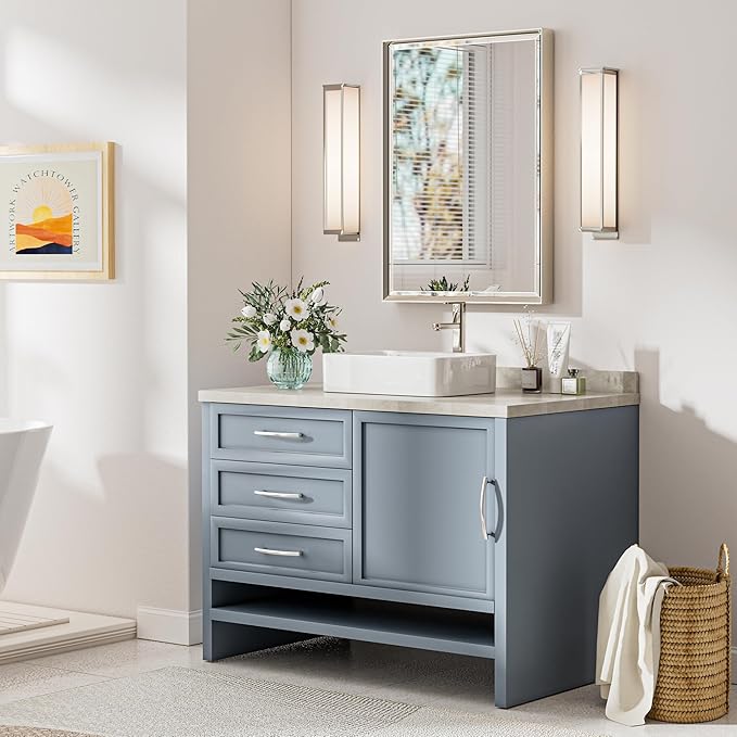 Brushed Nickel Bathroom Mirror, 22x30 Inch Beveled Framed Bathroom Mirror