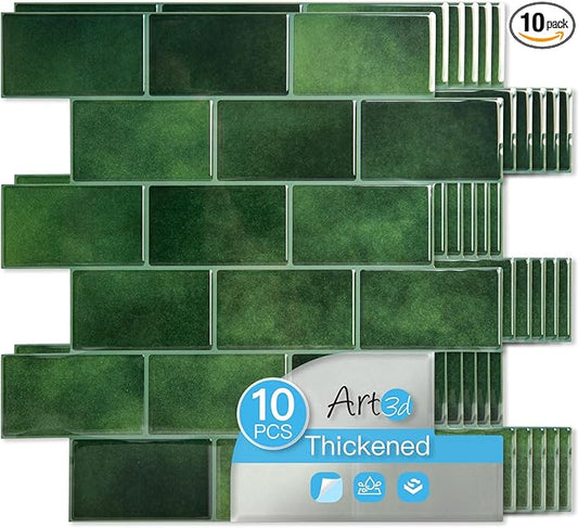 Art3d Peel and Stick Green Wall Tiles – 12"x12" Thicker Design Backsplash