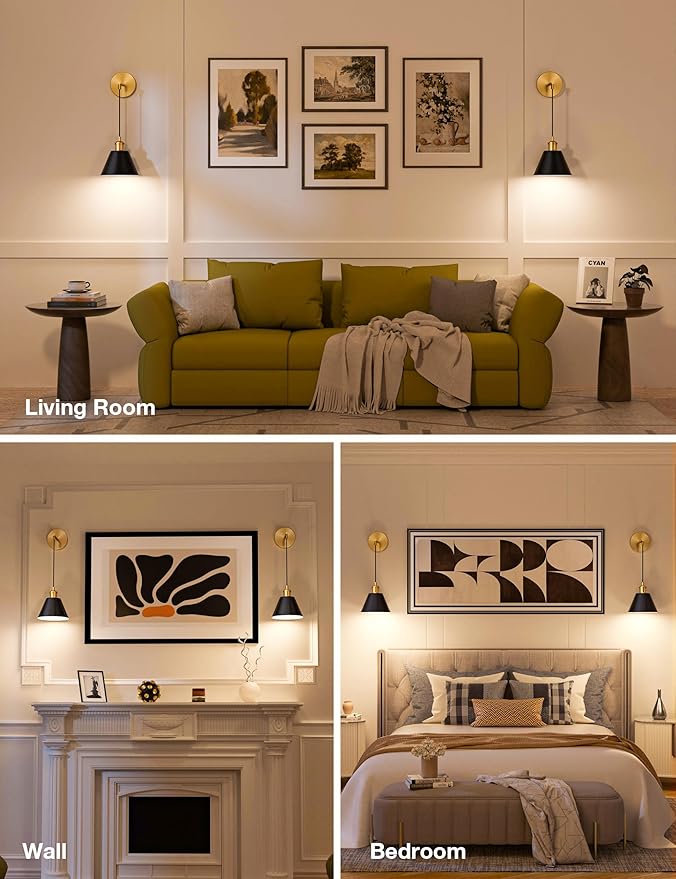 NIORSUN Gold & Black Battery Operated Wall Sconce Set of 2, 5200mAh Dimmable