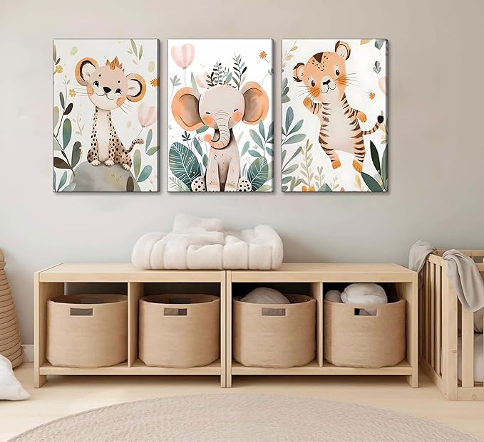 3 Pcs Safari Animals Nursery Canvas Wall Art Jungle Animals Cheetah Elephant