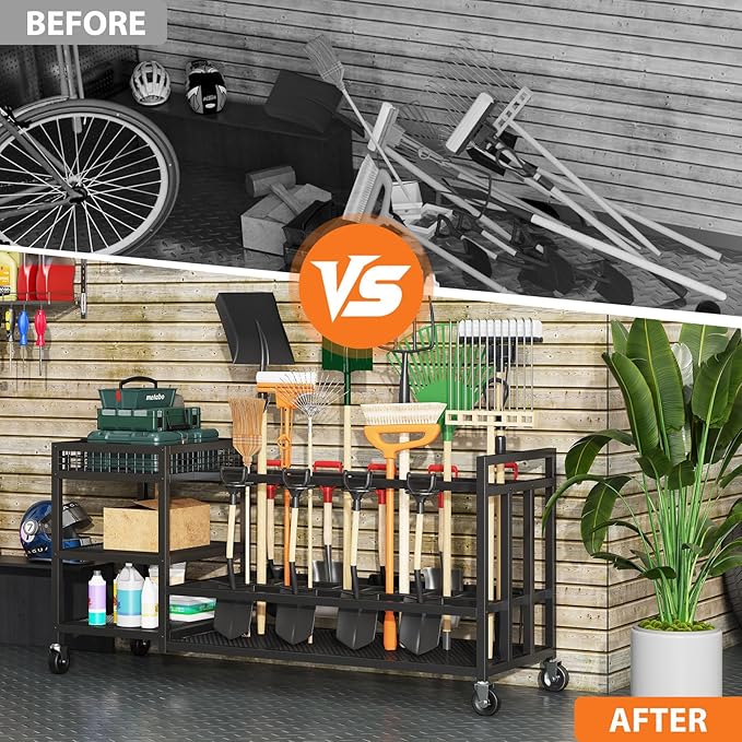 HavenlyYouth Garden Tool Organizer with Wheels-Movable Garden Tool Rack with Storage Hooks for Long-Handled Tools/Rakes/Brooms/Shovels,Heavy Duty Metal Garden Tool Storage for Garage,Shed,Garden,Black
