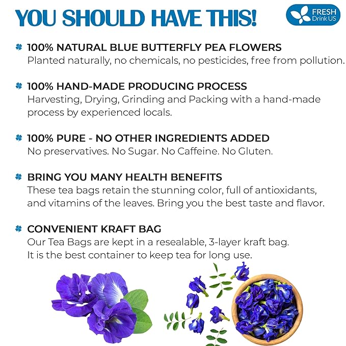 FreshDrinkUS, 100 Premium Butterfly Pea Flower Tea Bags – 100% Pure & Natural | Caffeine-Free Herbal Blue Tea | No Additives, Non-GMO, Made With Natural Material Tea Bag, No Sugar, No Caffeine, No Gluten, Vegan