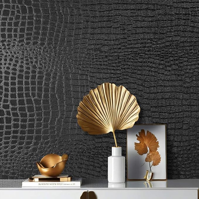 Arthome 17"×120" Black Crocodile Peel and Stick Wallpaper, Charcoal Black