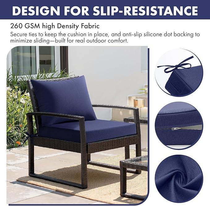 MIULEE Navy Outdoor Chair Cushion 24x24 Inch for Patio Furniture Linen Textured Waterproof & 3 Year Color Fastness Seat and Back Couch Cushion with Ties No Slip Design