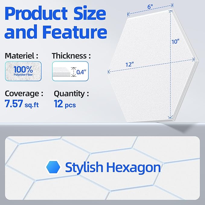 12 Pack Hexagon Acoustic Panels