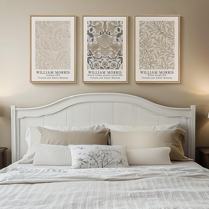 Framed Large William Morris Canvas Wall Art Set of 3, Vintage Neutral Botanical