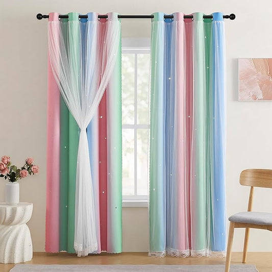 XiDi Pink & Rainbow Curtains for Kids & Girl Rooms