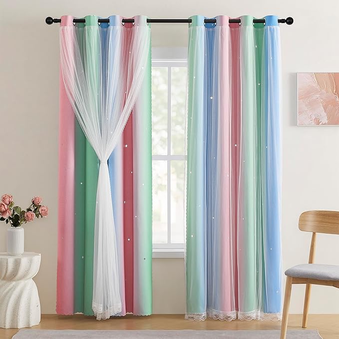 XiDi Pink Curtains for Bedroom Decor Blackout Curtains for Girl Room Rainbow