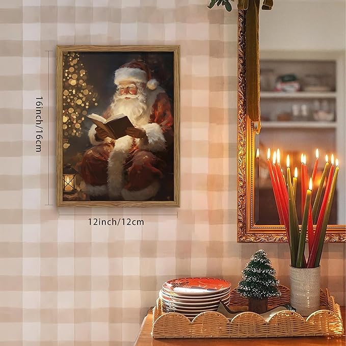 Framed Santa Christmas Wall Art, Vintage Santa Claus Reading Canvas Paintings