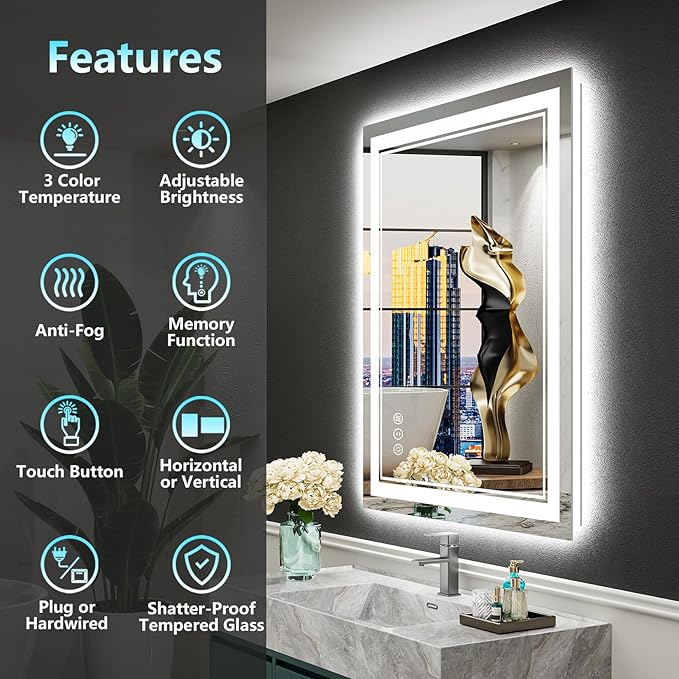 20x28 LED Bathroom Mirror with Lights, Backlit and Front Lit Anti-Fog Lighted