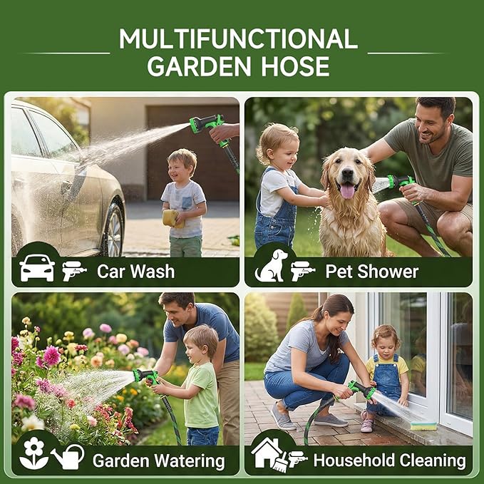 Non-Expandable Garden Hose 75 FT, Heavy-Duty & Flexible Water Hose with 10-Function Nozzle, Kink-Free & Leak-Proof Design, Ultra Lightweight Portable Yard Hose for Lawn, Car, Outdoor Use