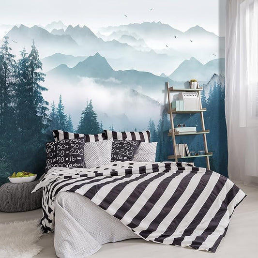 -Foggy Forest Pine Scenery Fabric Wallpaper Living Room Bedroom Bathroom