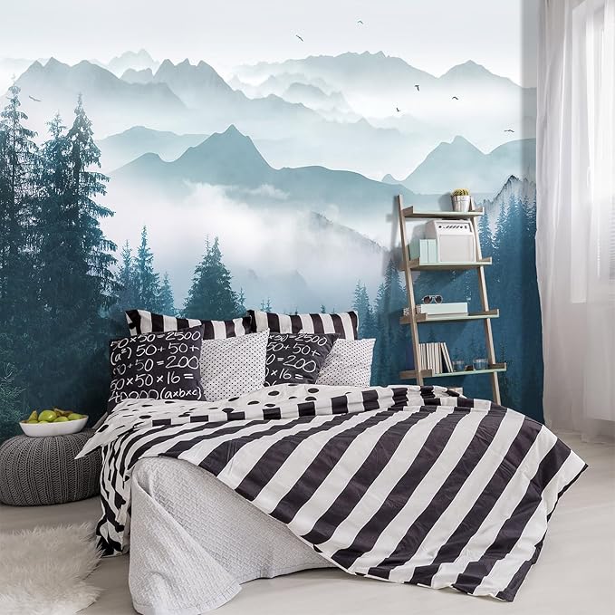 -Foggy Forest Pine Scenery Fabric Wallpaper Living Room Bedroom Bathroom