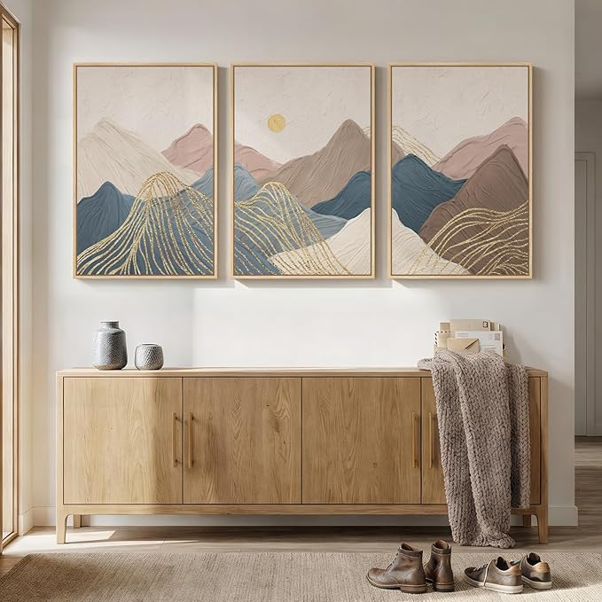 Framed Neutral Abstract Mountain Wall Art for Living Room, 3 Piece Large Landscape Print Canvas Artwork for Walls, Boho Modern Minimalist Paintings for Dining Room Office Hallway Wall Decor, 24x36 In