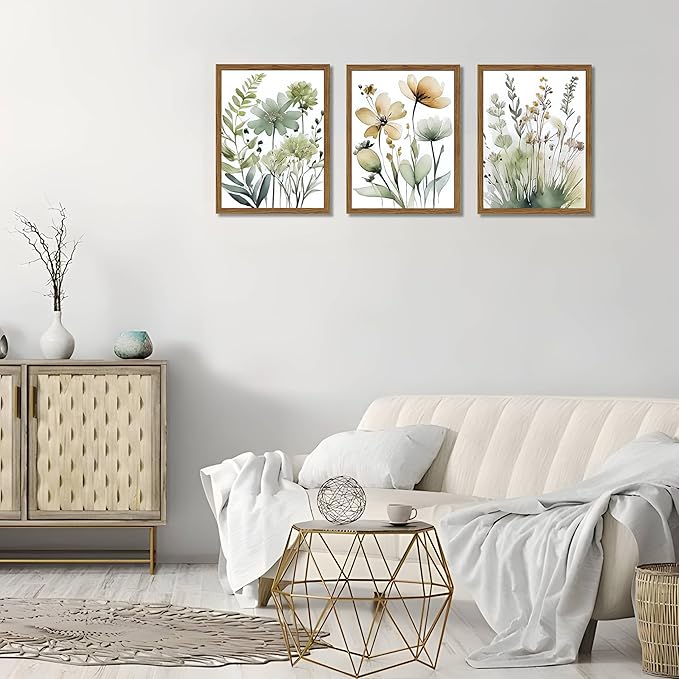 Wood Framed Sage Green Botanical Wall Art Set of 3, Boho Floral Canvas Wall