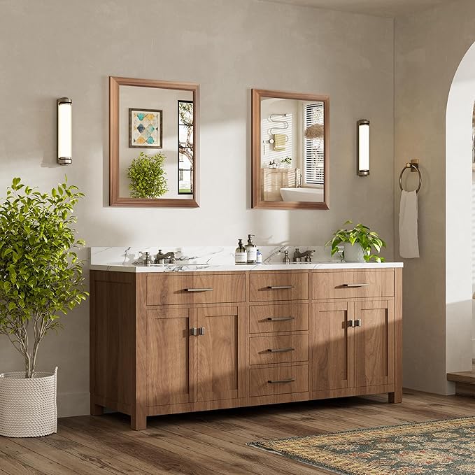 24x30 Inch Bathroom Mirror for Wall, Anti-Rust Walnut Wood Grain Metal Framed