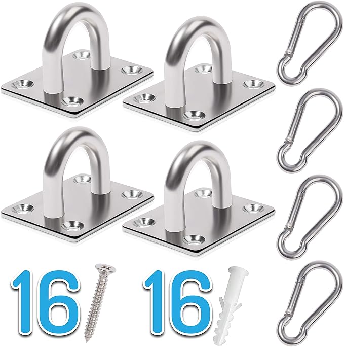 PAMAZY 4 PCS M6 Premium Heavy Duty Square Stainless Steel Pad Eye Hooks + 4PCS