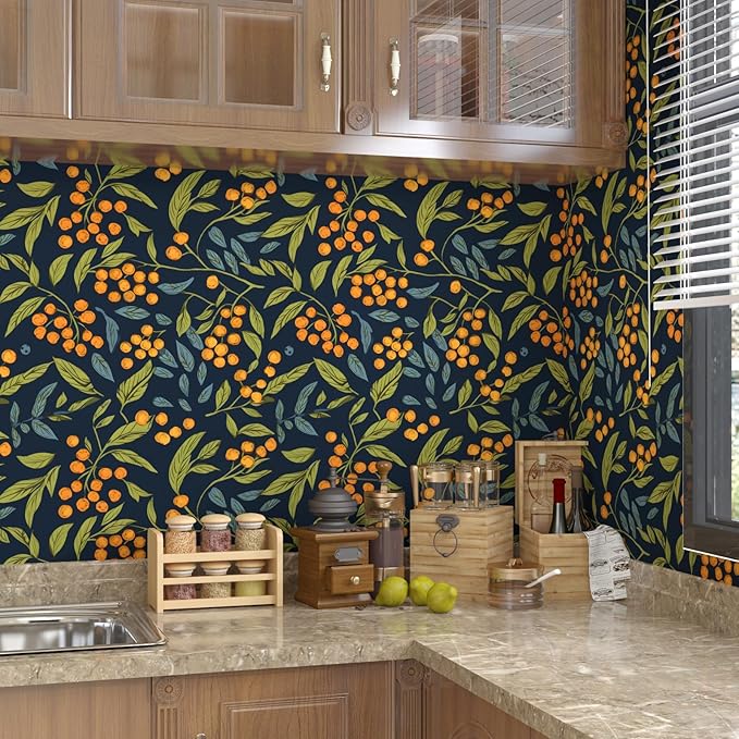 BOKEBEVE Blue Orange Green Wallpaper Peel and Stick Boho Leaves Floral Contact