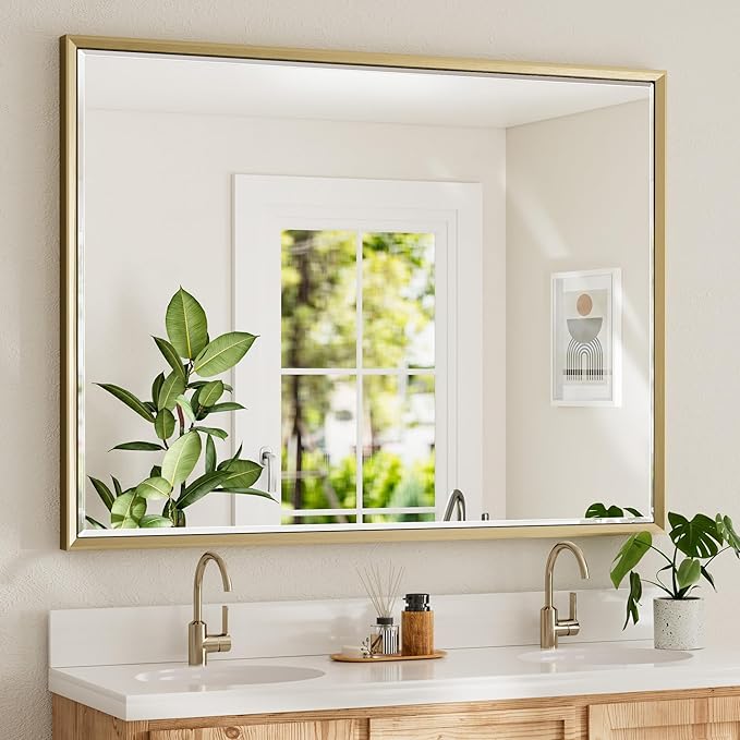 48 x 36 Gold Bathroom Mirror, Brushed Gold Beveled Bathroom Mirror,