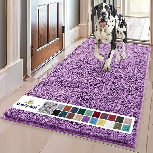 Muddy MatÂ® | Super Water Absorbent Door Mat Indoor, Microfiber Quick Dry Chenille Entryway Rug, Slip Resistant Front Door Mat, Indoor Mats for Entryway, Machine Washable Pet Rug, Purple 36" x 120"