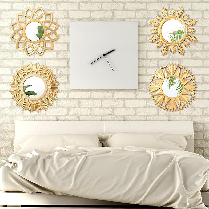 Dandat Set of 4 Gold Mirrors for Wall Decor Small Circle Flowers Mirrors