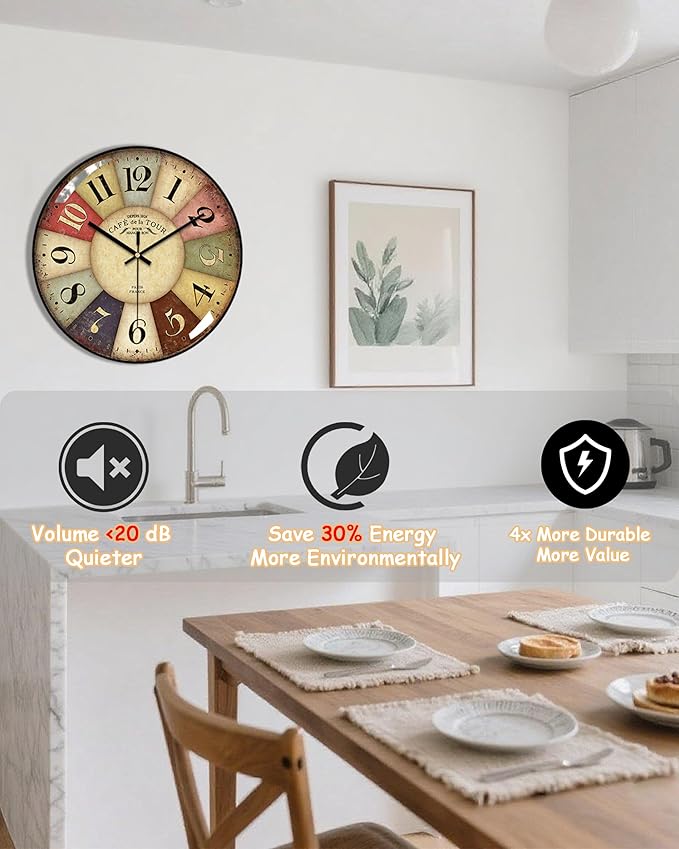 Vintage Wall Clock-12 Retro Rustic Style Quartz Clock, Silent Non-Ticking
