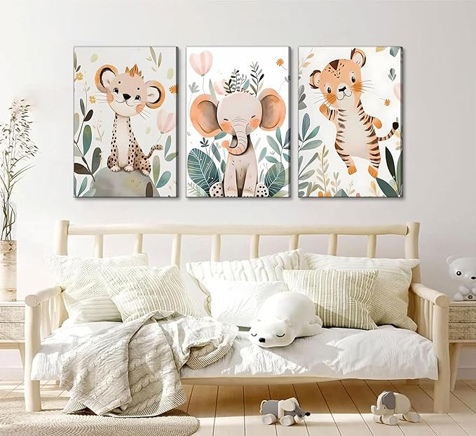 3 Pcs Safari Animals Nursery Canvas Wall Art Jungle Animals Cheetah Elephant