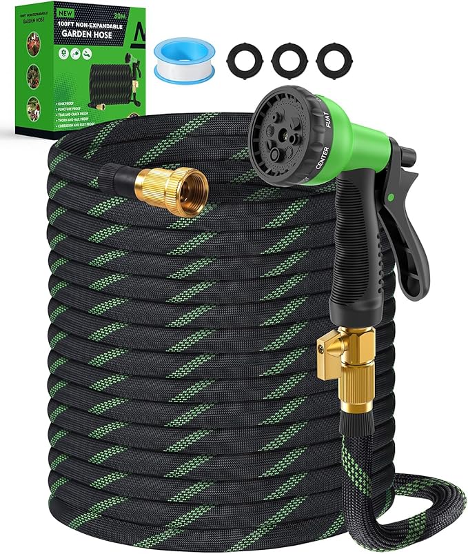 100ft Garden Hose, Non-Expandable Water Hose with 8 Function Spray Nozzle, Lightweight, Knik-Free, Burst-Resistant, Durable & Flexible 3/4" Garden Hose for Lawn, House Cleaning, Car Washing