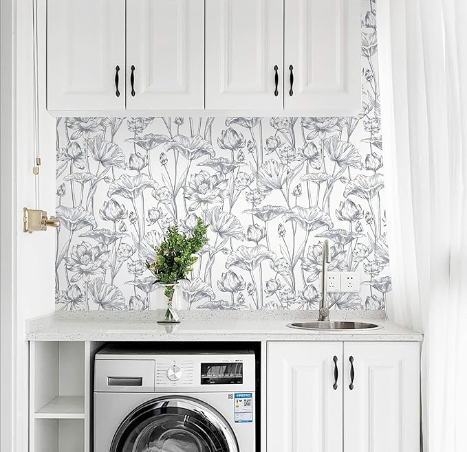 Timeet Floral Peel and Stick Wallpaper 16" x 197" White and Purple Wallpaper