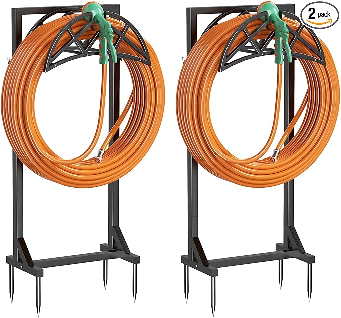 2 Pack Garden Hose Holder, Heavy-Duty Metal Stand with Stable Base & 2 Tool Hooks, Freestanding Storage Rack for Outside, Holds 150ft â Hose Holders for Yard & Lawn
