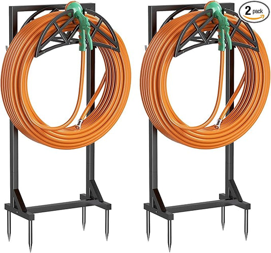 2 Pack Garden Hose Holder, Heavy-Duty Metal Stand with Stable Base & 2 Tool Hooks, Freestanding Storage Rack for Outside, Holds 150ft â Hose Holders for Yard & Lawn